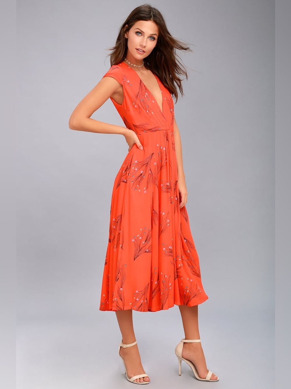 Floral Print Coral Midi Dress with V-Neck